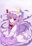  alternate_hairstyle angry blush embarrassed from_above hat long_hair patchouli_knowledge purple_eyes purple_hair ribbon sitting touhou twintails violet_eyes wariza wavy_mouth 