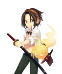  1boy brown_eyes brown_hair character_request ear_protection hitodama jewelry katana midorikawa_you necklace open_clothes open_shirt sheath sheathed short_hair small_breasts sode solo sword weapon 