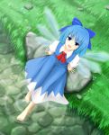  barefoot blue_eyes blue_hair bow cirno cover-d dress hair_bow short_hair touhou water wings 