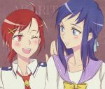 2girls :d blue_eyes blue_hair blush crossover dokidoki!_precure eye_contact hand_on_shoulder hino_akane hishikawa_rikka long_hair looking_at_another looking_back multiple_girls negom open_mouth precure red_eyes redhead school_uniform short_hair smile smile_precure! wink