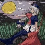  bamboo_forest blue_eyes bow bow_(weapon) braid breasts dress forest full_moon hair_bow large_breasts long_hair moon nature side_slit silver_hair solo touhou wahara_romasa weapon yagokoro_eirin 