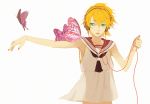  bad_id blonde_hair butterfly green_eyes headphones ho_(pixiv655034) kagamine_len male migikata_no_chou_(vocaloid) simple_background solo vocaloid 