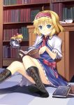  ahoge alice_margatroid apron bad_id blonde_hair blue_dress blue_eyes book book_focus bookshelf boots bow capelet checkered checkered_floor cross-laced_footwear cup desk doll dress hair_bow hairband highres lace-up_boots long_hair rasahan reading sash shanghai_doll short_hair sitting smile solo teacup tile_floor tiles touhou upskirt 