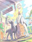  blonde_hair blue_eyes cloud dog earrings fence from_below highres jewelry leaf lips long_hair original plant pomodorosa potted_plant risa_hibiki sign solo suitcase sunglasses 