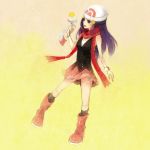  1girl beanie blue_hair boots bracelet chimecho footwear hair_ornament hairclip hat hikari_(pokemon) jewelry pokemon pokemon_(creature) pokemon_(game) pokemon_dppt scarf skirt socks watch wristwatch yubune 