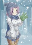  alternate_costume beanie breasts commentary_request contemporary forest gloves hat impossible_clothes impossible_clothing impossible_sweater jewelry kumoi_ichirin large_breasts large_ring mismatched_gloves naka_akira nature pantyhose purple_eyes purple_hair ribbed_sweater ring scarf shirt skirt smile snow snowing solo sweater touhou violet_eyes waving winter_clothes 