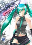  detached_sleeves green_eyes green_hair hatsune_miku headset long_hair microphone microphone_stand mound_of_venus navel necktie skirt solo sugumu_shigure thigh-highs thighhighs twintails very_long_hair vocaloid wink 
