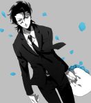  ahoge bad_id black_hair blue_rose bouquet dutch_angle fate/stay_night fate/zero fate_(series) flower formal kai28 lancer_(fate/zero) male mole necktie rose short_hair solo suit yellow_eyes 