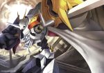  cape digimon epic hajime_(hajime-ill-1st) horn no_humans omegamon solo sword weapon 