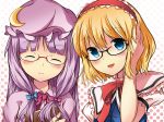  ^_^ adjusting_hair alice_margatroid bespectacled blonde_hair blue_eyes blush book closed_eyes crescent eyes_closed glasses hairband hat highres multiple_girls open_mouth patchouli_knowledge purple_hair sarekoube touhou 
