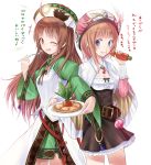  :d ahoge atelier_(series) atelier_rorona atelier_viorate_alchemist_of_gramnad_2 belt blood blue_eyes blush brown_dress brown_eyes brown_hair carrot dress eating fork gust hat jewelry long_hair long_sleeves multiple_girls nosebleed open_mouth partially_translated pendant plate rororina_fryxell saliva simple_background smile suzushiro_yukari translation_request viorate_platane white_background wink 