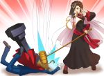  1boy 1girl ahoge arm_up black_dress black_hair braid brown_eyes brown_hair capcom cape chess_piece cross-laced_footwear dress faceplant falling fighting_stance frown gavel gloves gyakuten_kenji gyakuten_saiban hair_bun hair_intakes hair_over_one_eye hitting ichiyanagi_yumihiko jacket jacket_on_shoulders long_skirt long_sleeves mikagami_hakari open_mouth pants sash shirataki skirt teeth white_gloves 