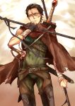  ahoge black_hair cape cloak dual_wielding fate/stay_night fate/zero fate_(series) highres kottie lancer_(fate/zero) male mole polearm sheath sheathed short_hair solo spear sword weapon yellow_eyes 