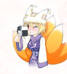  1girl blonde_hair blood brown_eyes brown_hair bust camcorder camera fox_tail hat japanese_clothes lee_(colt) multiple_tails nosebleed saliva short_hair simple_background solo tail touhou white_background wink yakumo_ran yellow_eyes 