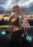  blue_eyes breasts cityscape cleavage ekoda_(piapro) headphones huge_breasts large_breasts long_hair megurine_luka pink_hair solo vocaloid 
