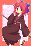  ahoge apron bad_id bow broom geta hair_bow hisumishi japanese_clothes kimono kohaku mishin pink_hair purple_hair red_hair redhead sandals short_hair solo tsukihime yellow_eyes 