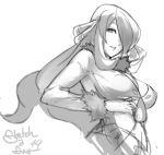  breasts cleavage eu03 hair_ornament hair_over_one_eye large_breasts long_hair monochrome pokemon pokemon_(game) pokemon_dppt shirona_(pokemon) simple_background sketch solo white_background 