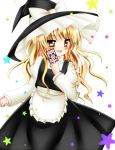  blonde_hair blush bow braid hair_bow hat hexagram kirisame_marisa long_hair long_sleeves looking_at_viewer nagisuke open_mouth spell_card star touhou vest witch witch_hat yellow_eyes 
