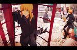  2boys black_gloves black_hair blonde_hair fate/stay_night fate/zero fate_(series) formal gilgamesh gloves green_eyes lancer_(fate/zero) letterboxed map mohi_(neku_re) motor_vehicle motorcycle multiple_boys pant_suit ponytail saber scenery suit telephone_booth vehicle 