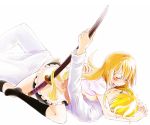  blush couple inojita_mukamo katana lying on_person satou_jun sword todoroki_yachiyo waitress weapon working!! 
