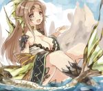  alternate_color breasts capcom cleavage dragon dragon_girl fang green_plesioth highres monster_girl monster_hunter mountain open_mouth personification plesioth rathian sitting solo tail umitsuki water wings 