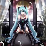  aqua_hair bare_shoulders blue_eyes boots choker desert_eagle feathers full_moon gun handgun hatsune_miku head_tilt highres jewelry kuromayu long_hair moon necklace pistol sitting smile twintails very_long_hair vocaloid weapon window zune 