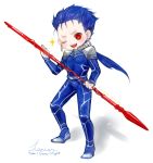  blue_hair character_name chibi earrings fate/stay_night fate_(series) gae_bolg jewelry lancer long_hair male medemoisellecu polearm ponytail red_eyes solo spear title_drop weapon wink 