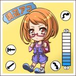  1041_(toshikazu) 1girl backpack bag brown_eyes brown_hair character_name chibi lowres overalls pink-framed_glasses precure randoseru shirabe_ako shirt shoes short_hair sneakers suite_precure yellow_background 