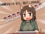  animal_ears blush brown_eyes brown_hair censor_bar censored crossover doraemon doraemon_(character) jacket kadomaru_misa lowres mahjong mahjong_tile military military_uniform null_(nyanpyoun) open_mouth short_hair strike_witches sweater tail translation_request turtleneck uniform 