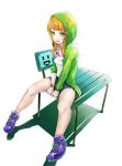  bad_id bench blonde_hair green_eyes hoodie hoshii_miki idolmaster kimera long_hair open_mouth shoes shorts sitting sleeves_pushed_up smile sneakers solo 