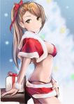  1girl alternate_costume beatrix_(granblue_fantasy) box breasts brown_eyes brown_hair capelet closed_mouth commentary_request eyebrows from_side gift gift_box granblue_fantasy hair_ribbon long_hair looking_at_viewer looking_to_the_side medium_breasts nannacy7 ponytail ribbon santa_costume sideboob smile solo wrist_cuffs 