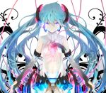  belt black_gloves blue_hair elbow_gloves gloves glowing grey_panties hair_ornament hatsune_miku hatsune_miku_(append) long_hair midriff miku_append navel necktie ogipote panties purple_eyes revealing_clothes shirt skirt solo twintails underwear violet_eyes vocaloid vocaloid_append 