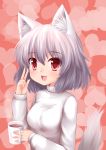  absurdres alternate_costume animal_ears blush breasts bust casual coffee cup hat heart highres inubashiri_momiji langlong mug no_hat no_headwear ookami_ryuu open_mouth red_eyes short_hair silver_hair smile solo sweater tail tokin_hat touhou wolf_ears wolf_tail 