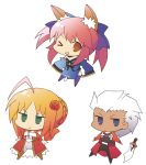  :&gt; ahoge animal_ears archer bad_id blonde_hair caster_(fate/extra) chibi dark_skin detached_sleeves dress fate/extra fate/stay_night fate_(series) flower fox_ears fox_tail green_eyes grey_eyes hair_ornament hisumishi japanese_clothes jitome mishin pink_hair rose saber_extra sword tail weapon white_hair wink yellow_eyes 