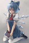  ascot blue_dress blue_eyes blue_hair bow cirno dress gift hair_bow holding holding_gift ice ice_wings mary_janes pantyhose shoes short_hair simple_background sitting solo touhou wariza white_legwear wings xiao_qiang_(overseas) 