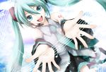  :d aqua_eyes aqua_hair cloud detached_sleeves foreshortening hatsune_miku headset kuromayu musical_note necktie open_mouth outstretched_arms skirt smile solo twintails vocaloid 