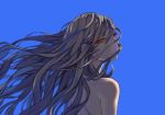  grey_hair long_hair looking_back original popompon simple_background solo topless yellow_eyes 