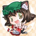  animal_ears bloomers bow brown_eyes brown_hair cat_ears cat_tail chen chibi dress hat mizuki_hitoshi multiple_tails open_mouth red_dress short_hair smile solo tail tail_bow touhou upskirt 