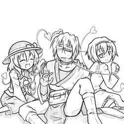  2girls :d ^_^ ahoge asphyxiation between_legs blush bridal_gauntlets choke closed_eyes empty_eyes foaming_at_the_mouth frills futa4192 glasses greyscale hairband hand_between_legs hat hat_ribbon heart heart_of_string komeiji_koishi komeiji_satori looking_at_viewer monochrome morichika_rinnosuke multiple_girls open_mouth ribbon saliva shaded_face siblings sisters sitting skirt smile spread_legs strangling third_eye touhou wariza yandere 