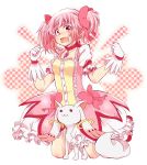  :3 between_legs blush bow bubble_skirt gloves hair_bow highres kaname_madoka kneeling kyubey magical_girl mahou_shoujo_madoka_magica open_mouth pink_eyes pink_hair pinkbom19 short_hair short_twintails twintails wavy_mouth 