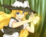  1girl bamboo bamboo_forest blonde_hair blue_eyes bow braid cheungchz forest grin hat kirisame_marisa long_hair nature smile solo spell_card touhou witch witch_hat 