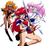  90s armor artist_request blonde_hair blue_eyes boots character_request dark_skin elf falcom fingerless_gloves gloves leotard long_hair lowres multiple_girls pointy_ears popful_mail popful_mail_(character) red_eyes red_hair redhead simple_background sword weapon 