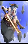  blouse blue_hair boots bored chin_rest cloud crossed_legs floating_object food food_themed_clothes frills fruit hat hinanawi_tenshi legs_crossed lens_flare letterboxed long_hair looking_at_viewer peach red_eyes regura rock sitting skirt sky solo sword sword_of_hisou touhou weapon 