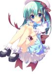  amanagi_seiji aqua_hair bare_legs blue_eyes blush bobby_socks bowtie child cross dress female green_eyes green_hair hair_ornament hairclip hat highres long_hair mary_janes original ribbon shoes simple_background sitting smile socks solo subaru_(insmode) wrist_cuffs 