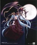  blue_hair dress forgetmenot full_moon hat highres itou_noiji moon red_dress red_eyes scan scythe serious shinigami_(forgetmenot) sitting solo twintails two_side_up 