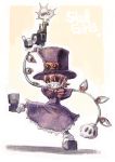  &gt;:) &gt;:d :d black_eyes bow child citolo dress evil_smile firing gloves grin gun hat leg_up mechanical_arms open_mouth orange_hair peacock_(skullgirls) platform_footwear purple_dress revolver robot sharp_teeth short_hair skullgirls smile solo standing title_drop top_hat weapon white_gloves 