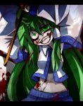  armpits belly blood blood_on_face constricted_pupils crazy crazy_eyes d89 detached_sleeves green_eyes green_hair highres kochiya_sanae long_hair navel nosada pale_skin skirt smile solo touhou white_skin 