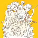  armor bracelet casual chain chains child child_gilgamesh coat earrings fate/hollow_ataraxia fate/stay_night fate/strange_fake fate/zero fate_(series) gilgamesh jacket jewelry male mei_(10250125) multiple_persona necklace red_eyes short_hair simple_background yellow_background young 