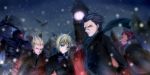  5boys ahoge berserker_(fate/zero) big_ben black_hair blonde_hair caster_(fate/zero) clock clock_tower fate/stay_night fate/zero fate_(series) gilgamesh green_eyes kino707 lancer_(fate/zero) multiple_boys rider_(fate/zero) saber scarf snowing tower yellow_eyes 