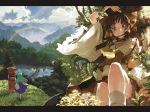  album_cover arm_up ascot blurry blush bow brown_eyes brown_hair cloud cosmic_(crownclowncosmic) cover cover_page depth_of_field detached_sleeves fingernails flower frills gohei grass green_hair hair_bow hair_tubes hakurei_reimu kochiya_sanae lake leaning leaning_back letterboxed long_hair looking_at_viewer miko multiple_girls postbox rain rainbow scenery sitting skirt sky smile standing touhou tree wide_sleeves wind 